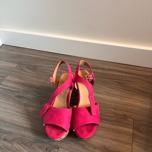 American Eagle Outfitters Hot Pink Suede Peep-Toe Slingback Heels